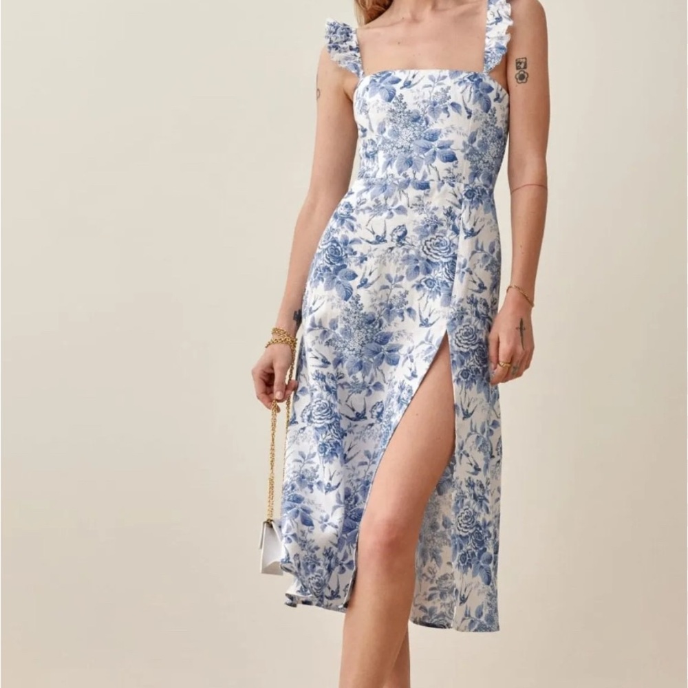 Reformation Blue and White Midi Sundress
